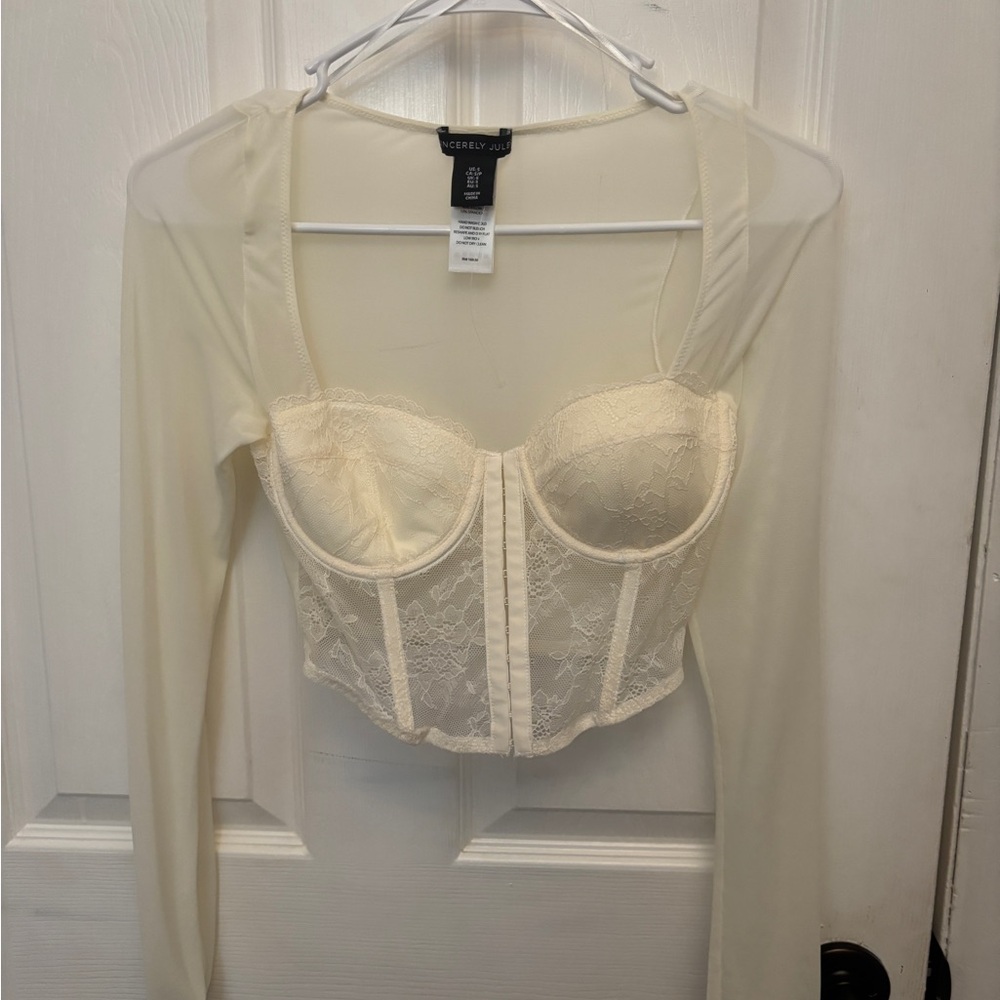 Cream Lace Long Sleeve Bustier Top